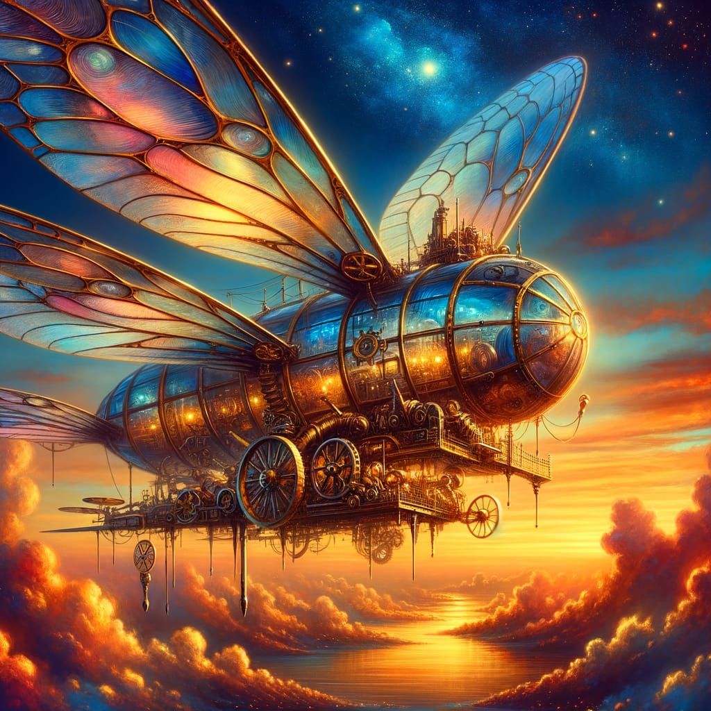 Steampunk Dragonfly Airship Ascending at Sunset