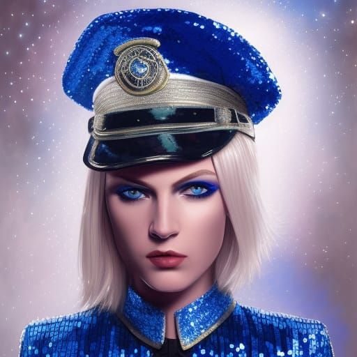 Blonde Woman in Sequined Outfit and Captain's Hat