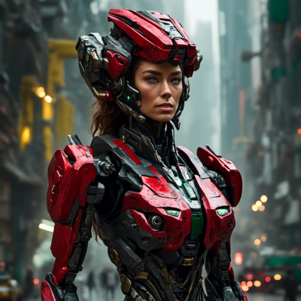 Red and Black Transformer with Human Face Mask