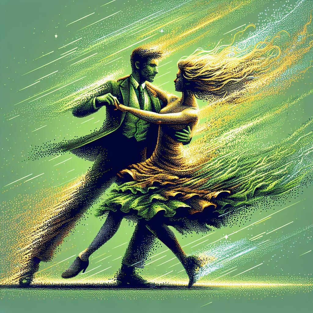 Windswept Dance: Retro Vector Art in Green and Yellow