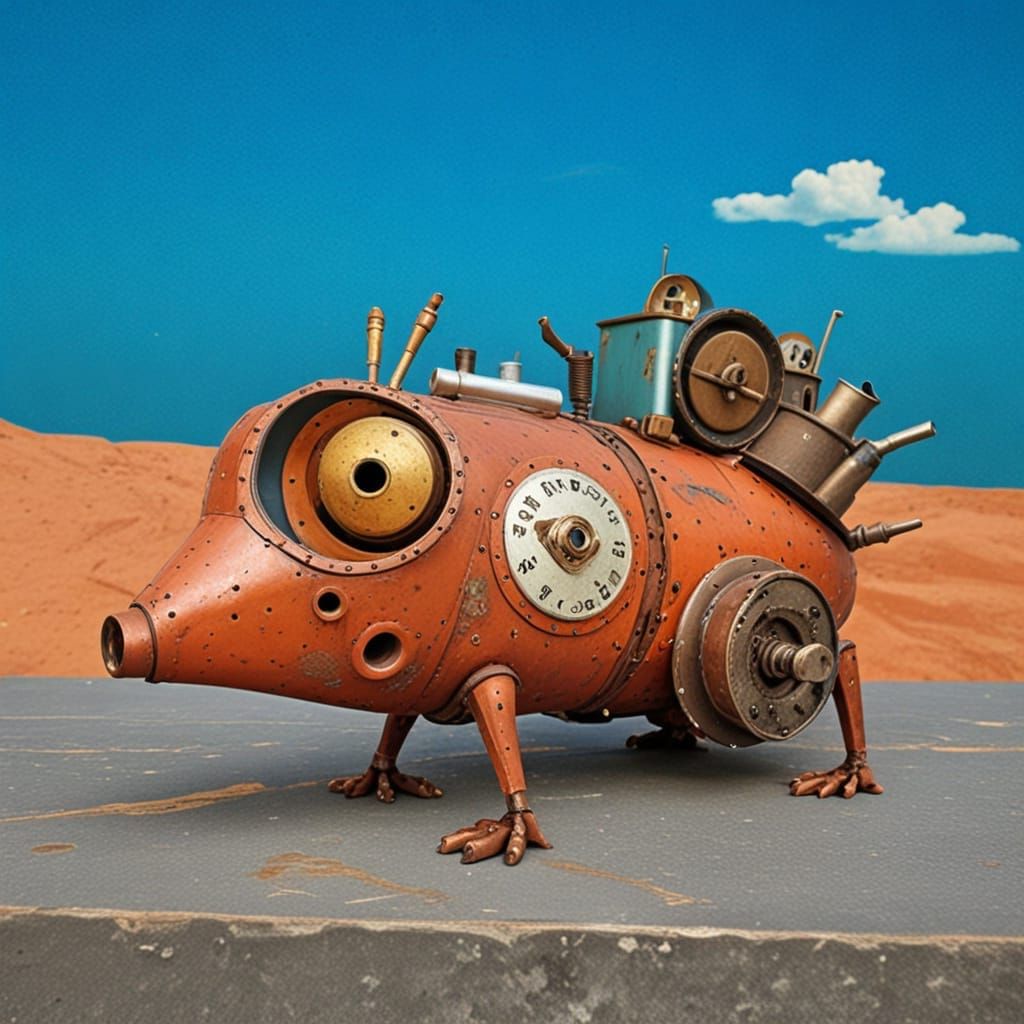 Steampunk Landscape with Metallic Creature Amidst Blue Sky
