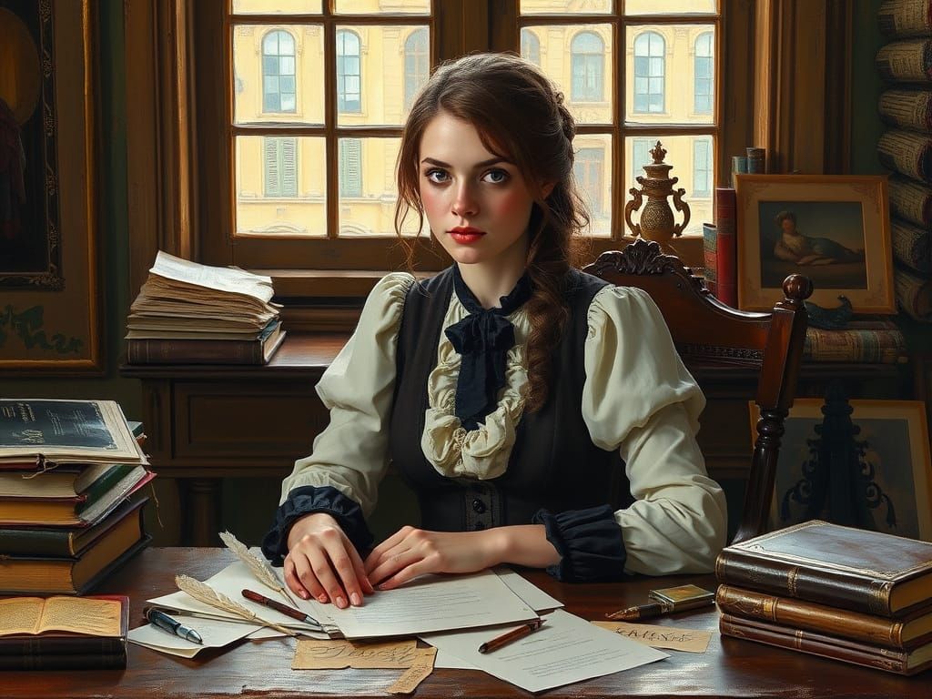 Woman at Antique Desk in Classical Realism Style