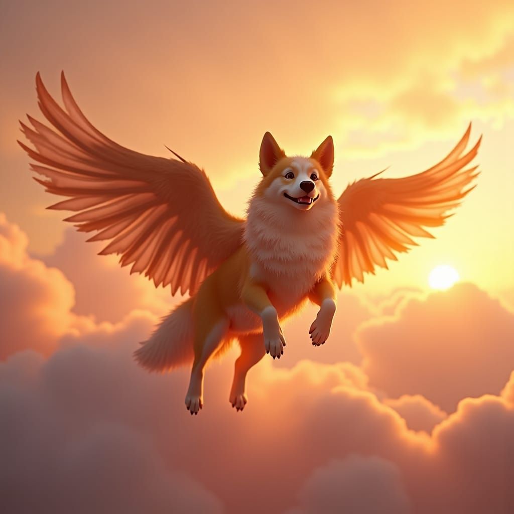 Two-Headed Dog Soaring Through Sunset Clouds