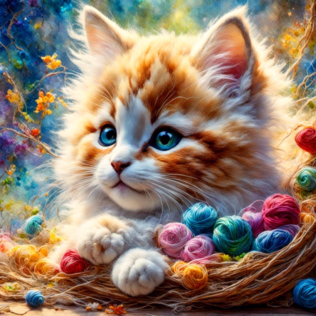 Whimsical Kitten Playing with Yarn in Golden Light