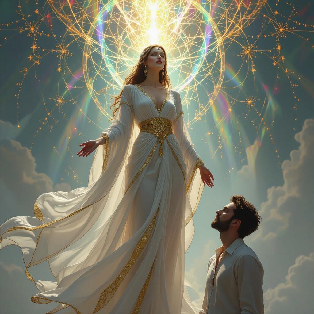 Ethereal Goddess in Flowing Silk with Rainbow Light