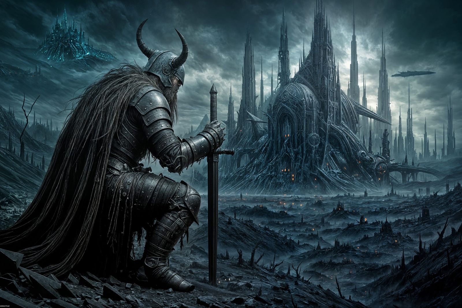 Viking Knight Kneels Before Futuristic Alien City