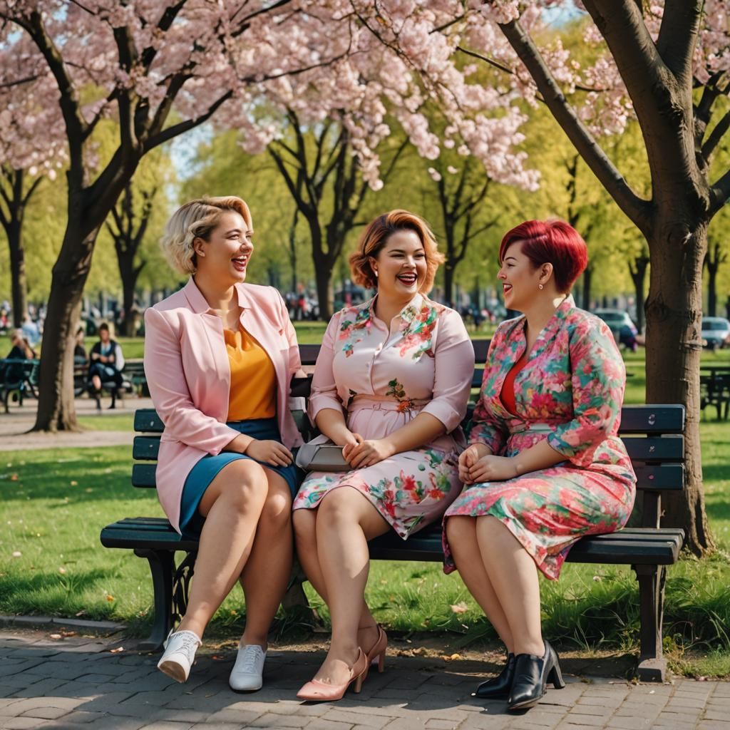 Three Chubby Ladies Chatting in Park