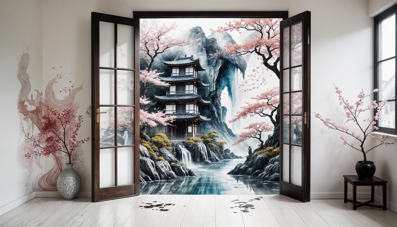 Surreal Sakura Landscape Flooding Apartment Door