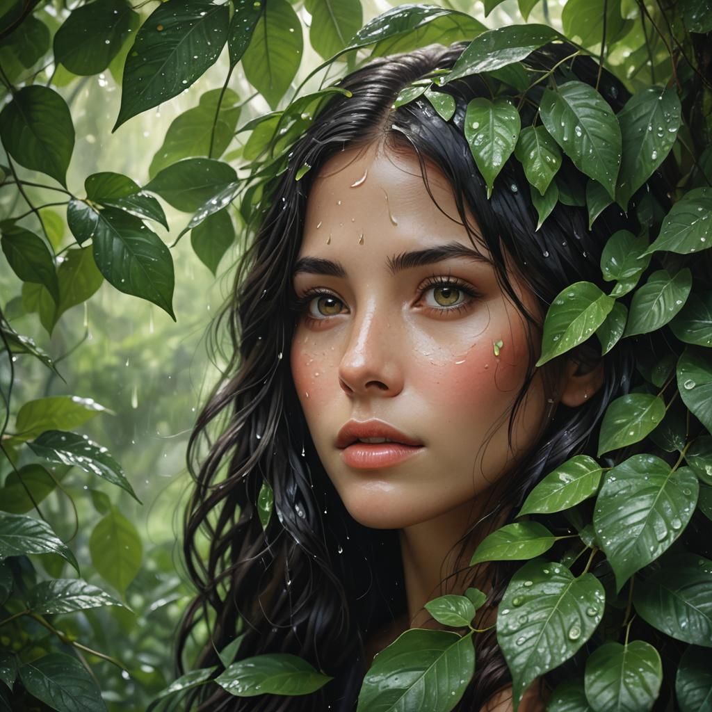 Enigmatic Woman Emerges from Lush Green Canopy