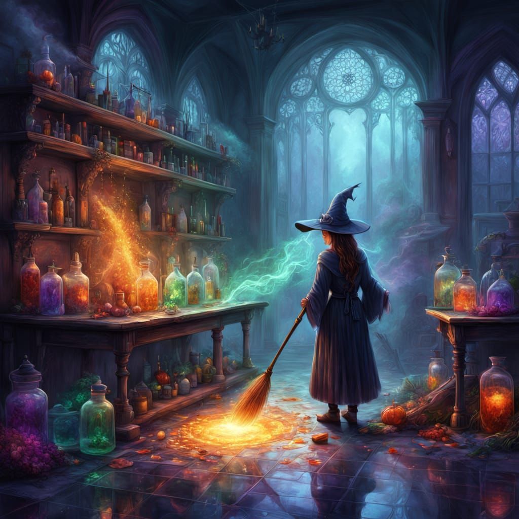 Witch Cleaning Mystical Lab in Vibrant Fantasy Art Style