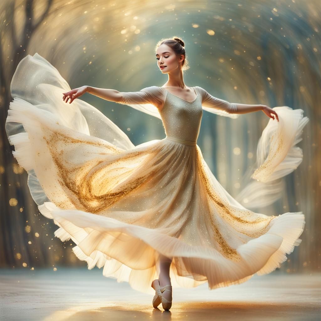 Ballerina Dancing in Golden Light, Dreamy Impressionism