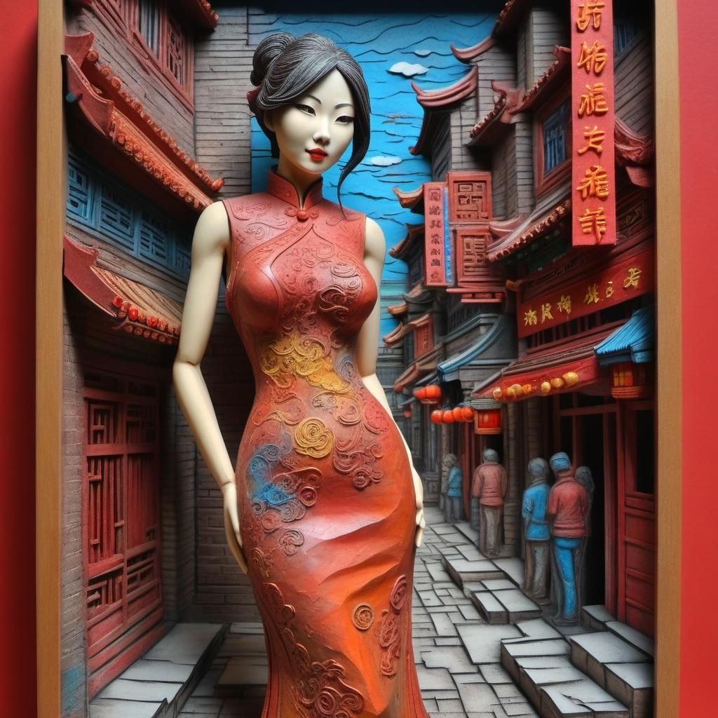 Hot Woman in Chinatown Mixed Media Composition