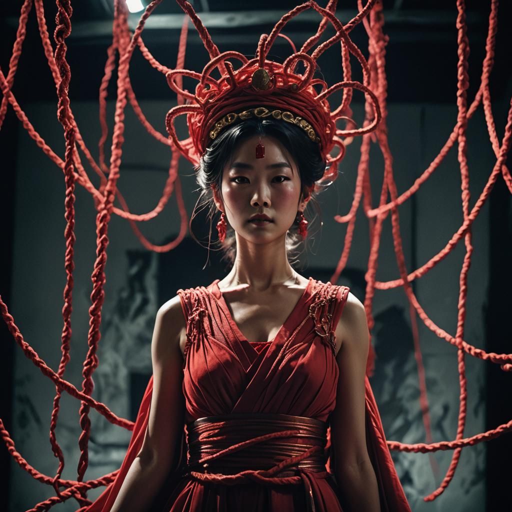 Goddess in Red Ropes: A Cinematic Film Still