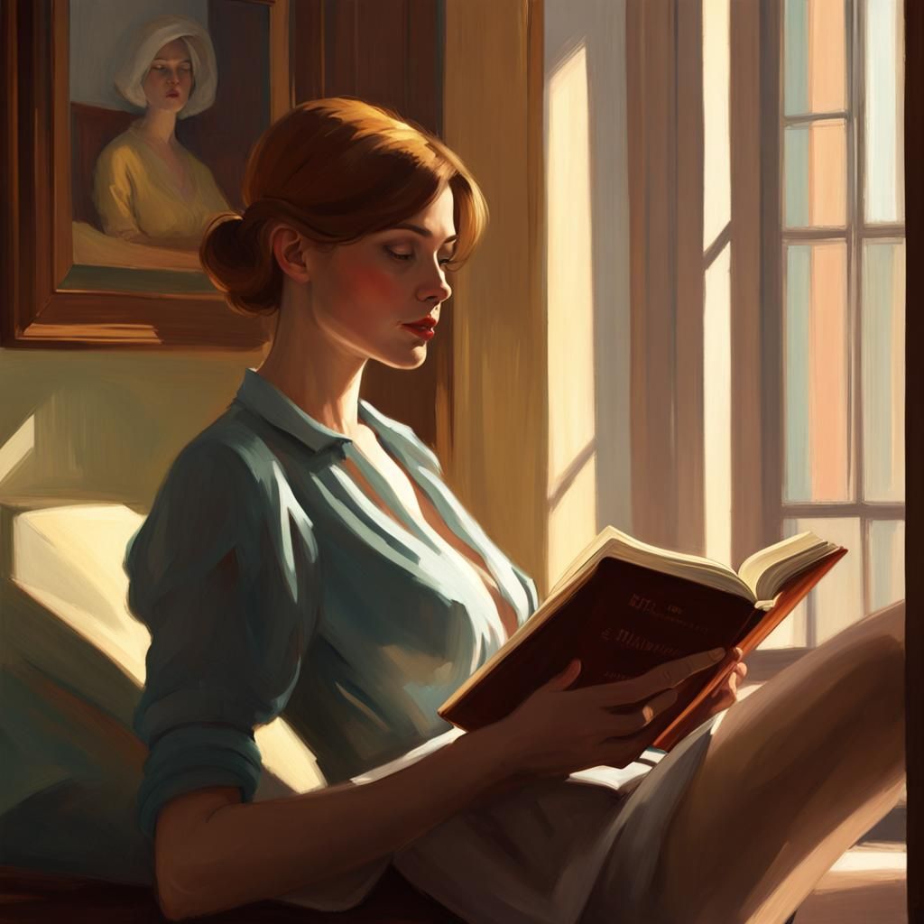 Woman Reading Book in Cosy Room, Realist Painting