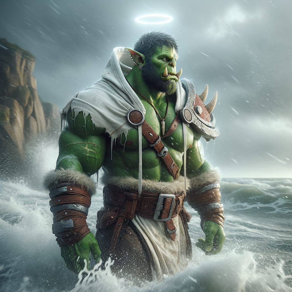 Mighty Green Orc Warrior Stands by the Grey Sea