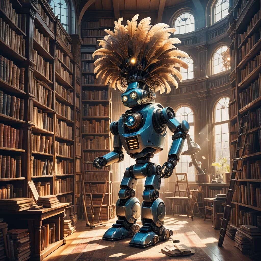 Whimsical Cleaning Robot in Grand Library