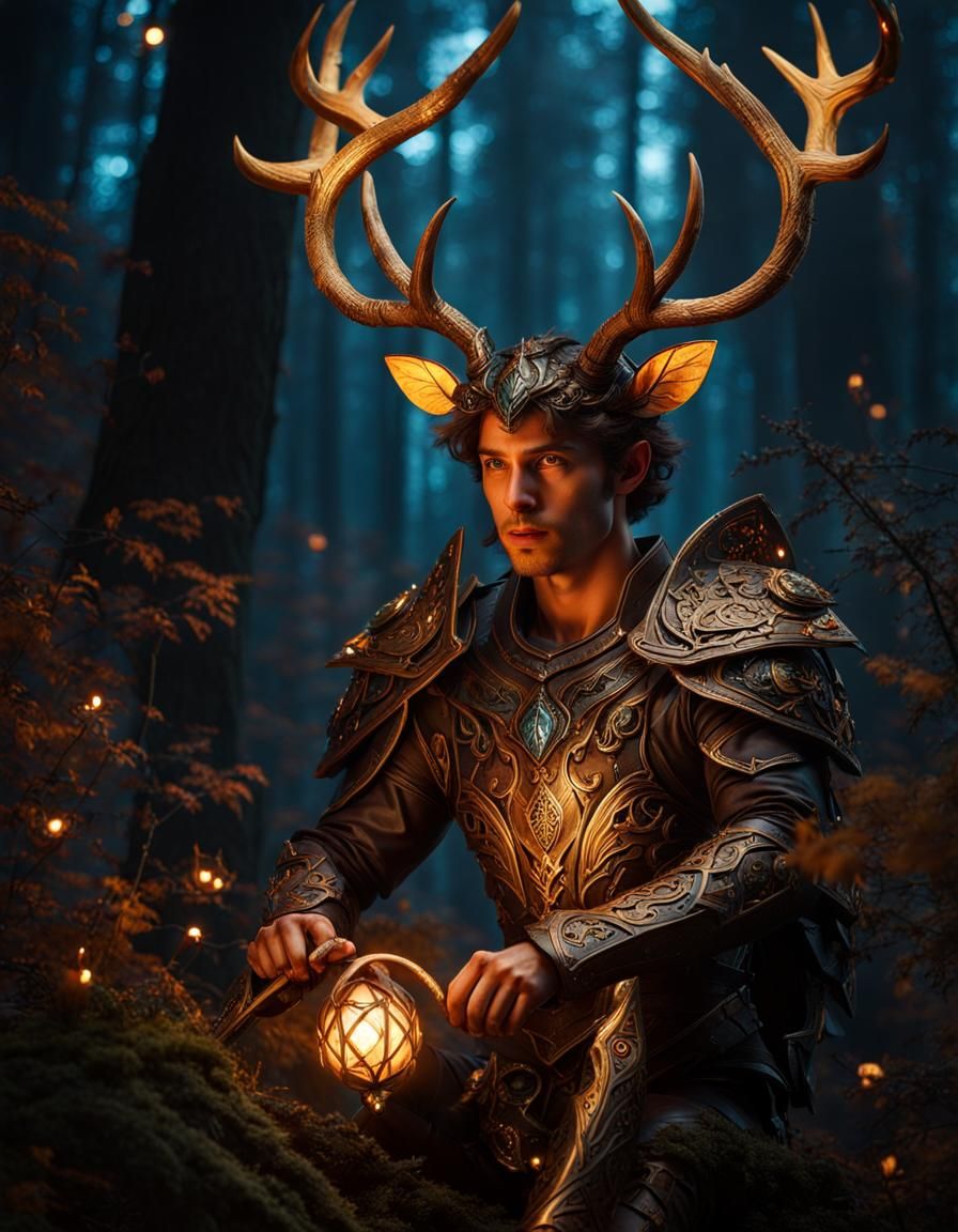Young Faun Warrior in Dark Autumnal Forest