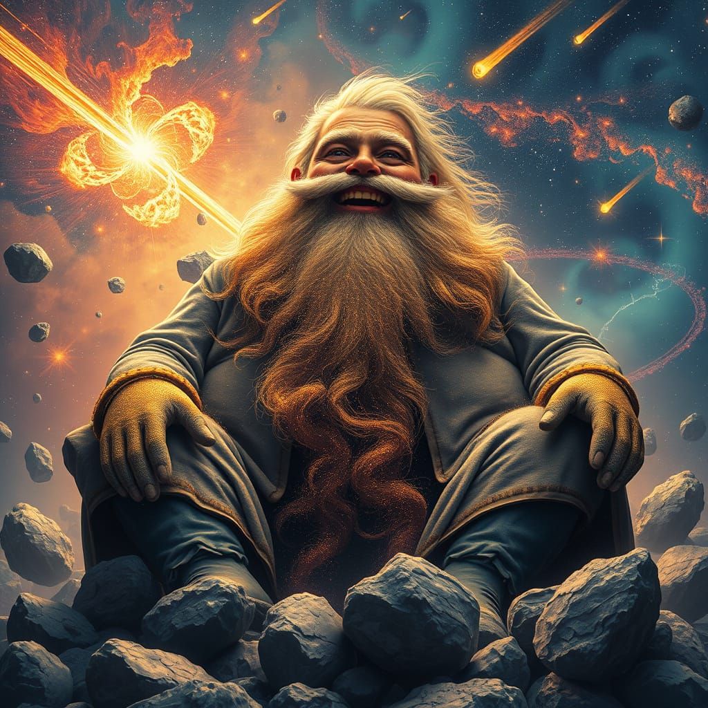 Cosmic Giant on Asteroid Throne in Psychedelic Style