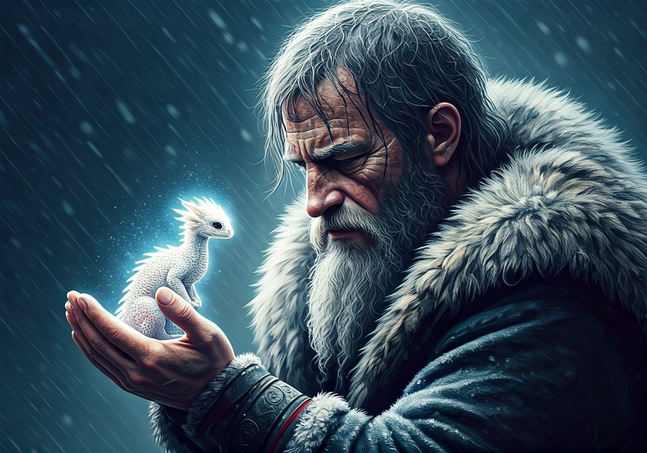 Viking and Tiny Dragon in Snowstorm: Matte Painting