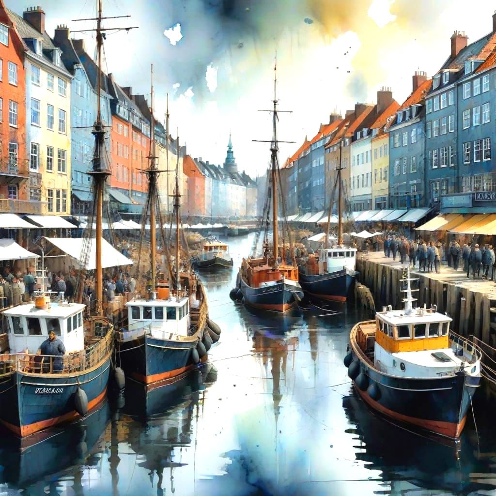 Bustling Copenhagen Harbour in Watercolour Style