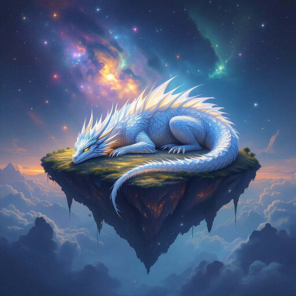 Crystalline Dragon Rests on Floating Island Amidst Cosmic Ne...