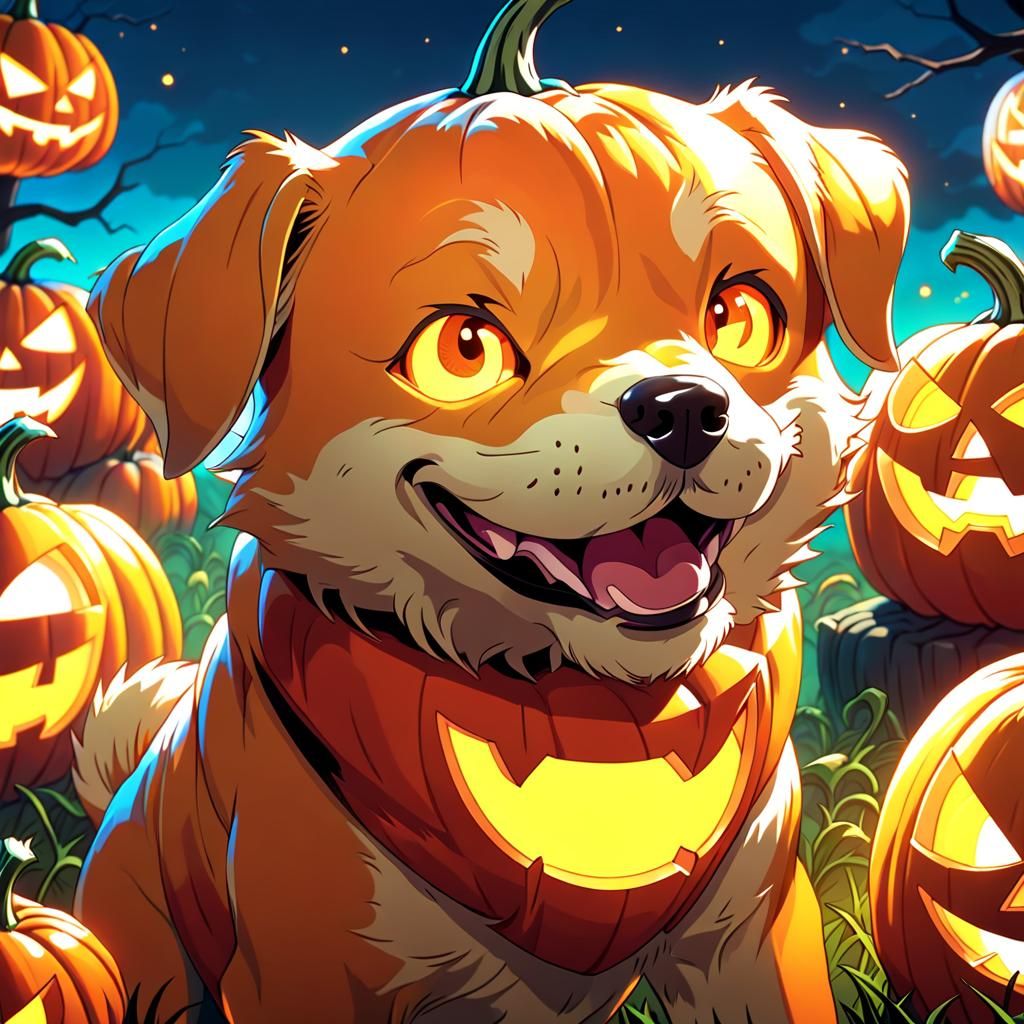 Carved Pumpkin Dog Smiling in Cel-Shaded Manga