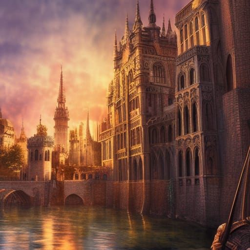 Hyperrealistic Medieval Waterfront Cityscape in Vivid Colors