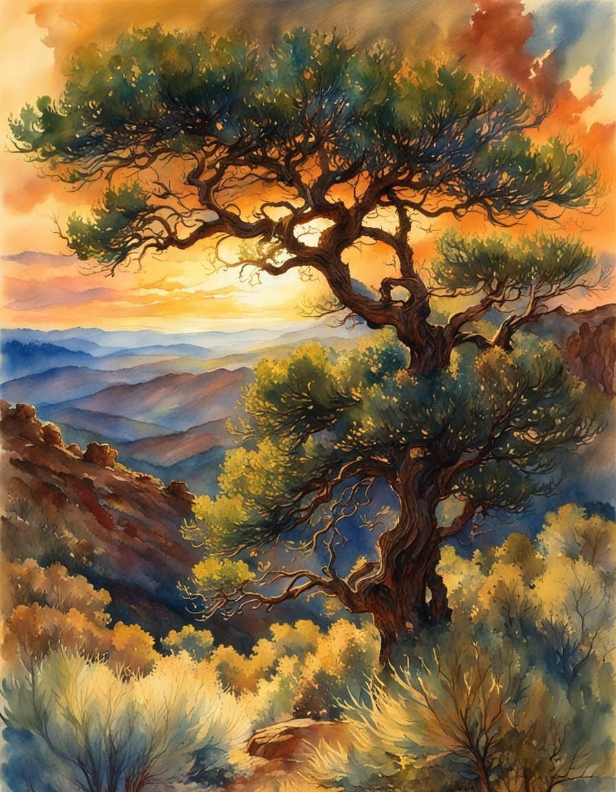 Ink & watercolor illustration : olive green, brown, ink blue, tan, mahogany : Backlit by radiating sunrays, pinyon junip...