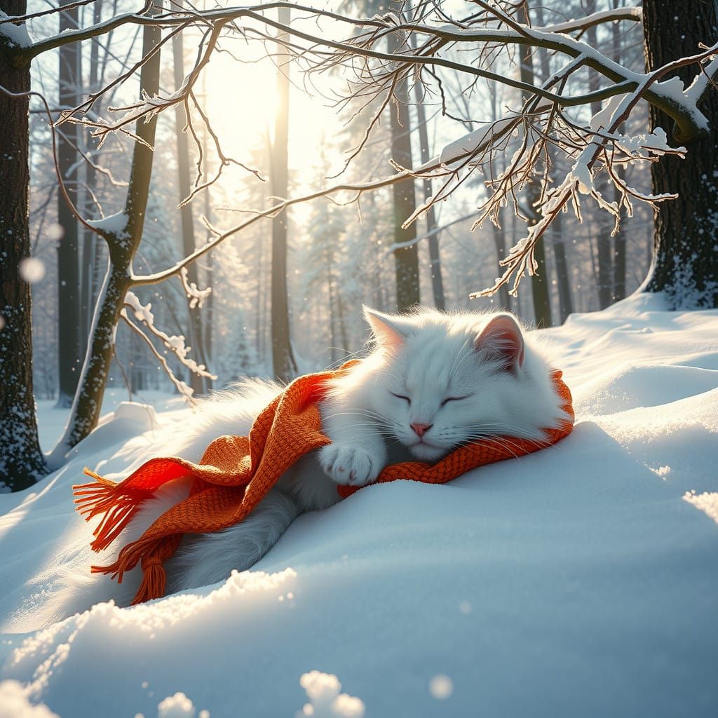 Whimsical Snow-Kissed Feline in Ethereal Landscape