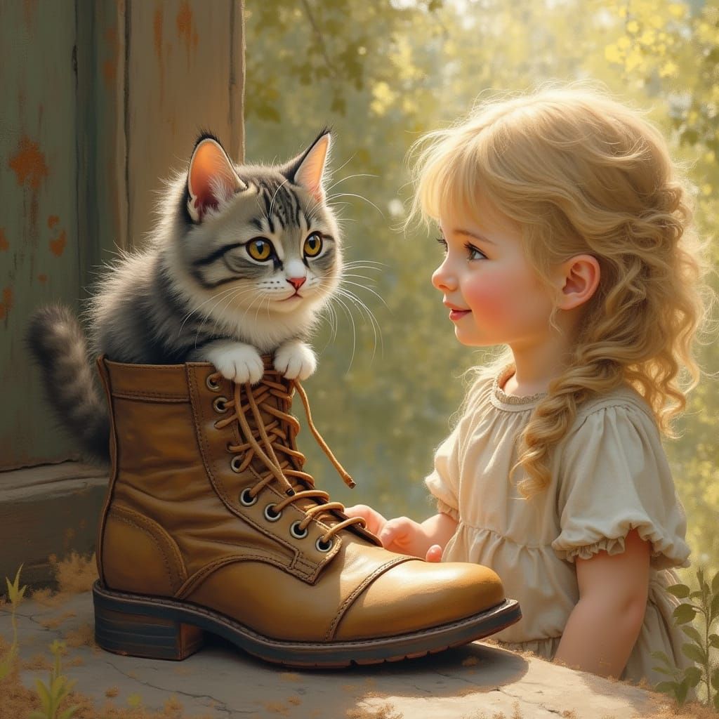 Whimsical Child and Curious Cat in Vintage Boot