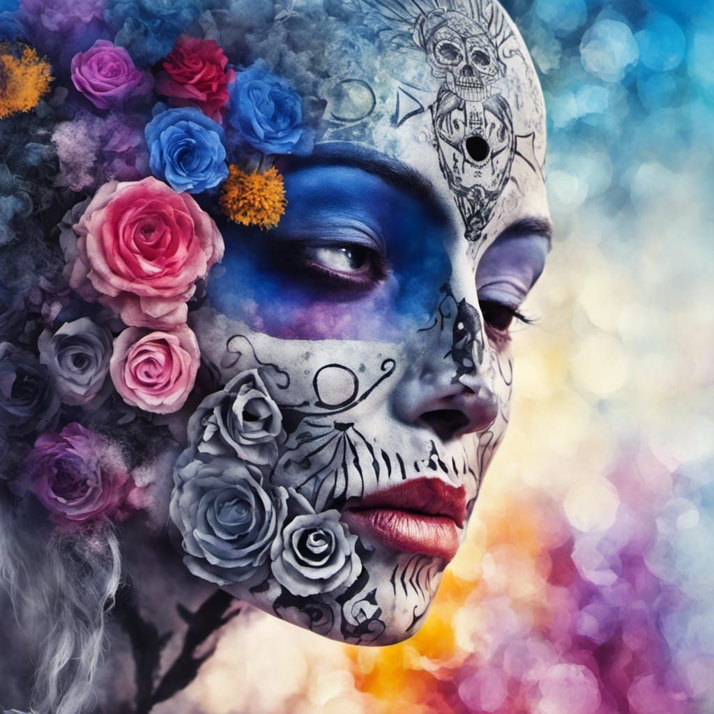 Floral Aztec Santa Muerte Dreamscape in Surreal Style
