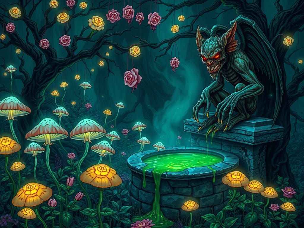 Bioluminescent Garden with Sinister Gargoyle