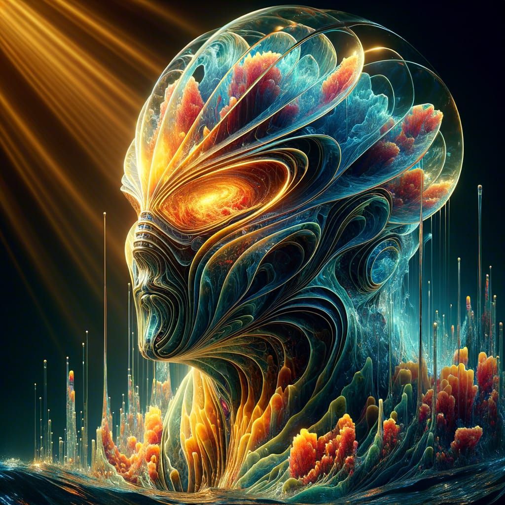 Hyperrealistic Glass Helmet with Neon Phytoplankton