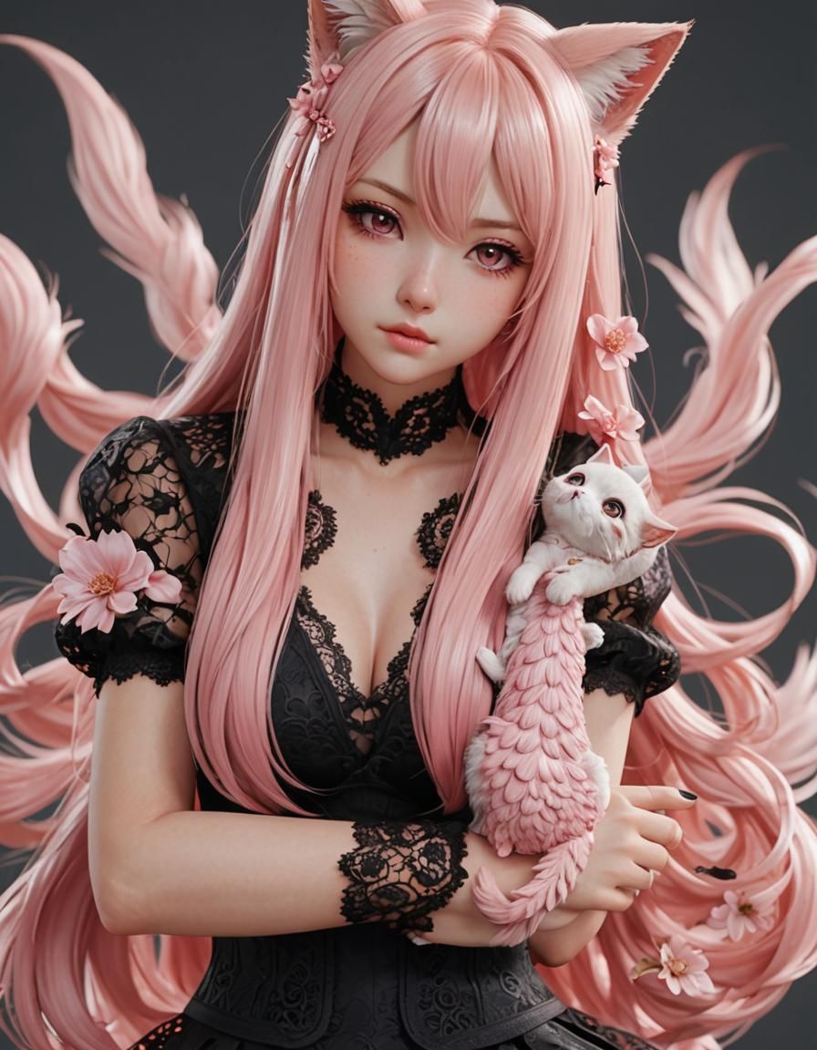 Anime Girl with Pink Hair and Nine Tails