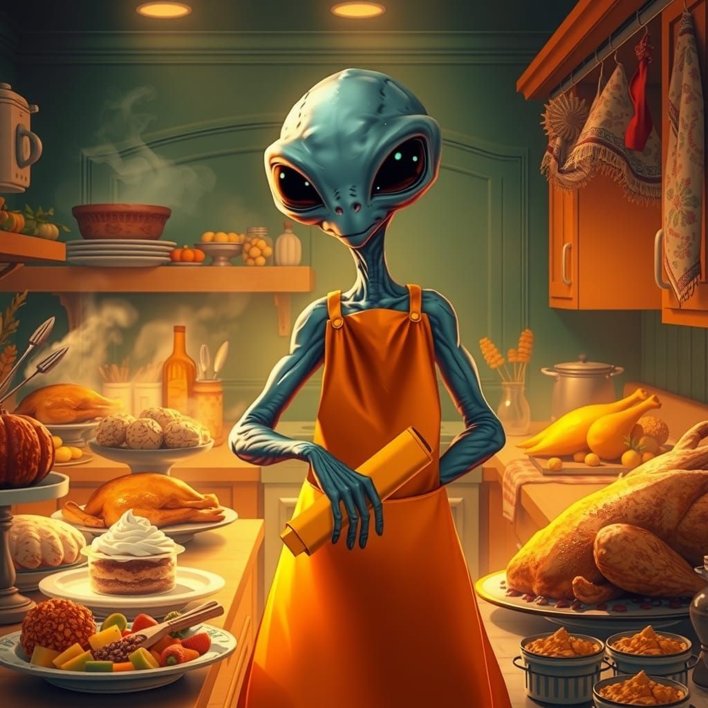 Alien Cooks Thanksgiving Dinner: Glass Painting Style