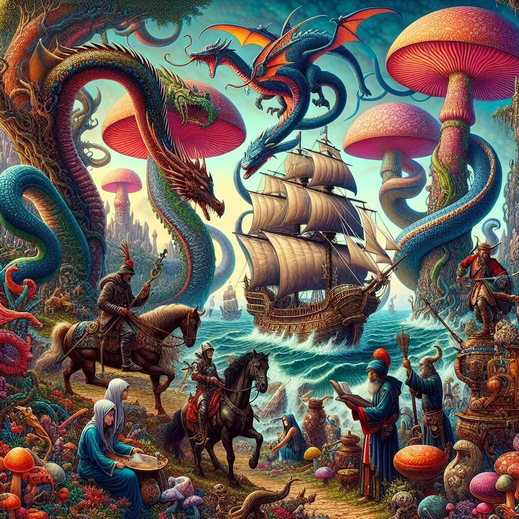 Fantasy Landscape with Dragons and Mythical Beings