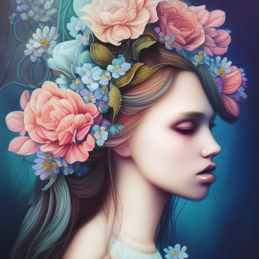 Woman with Flowers: Realistic Fantasy Portrait