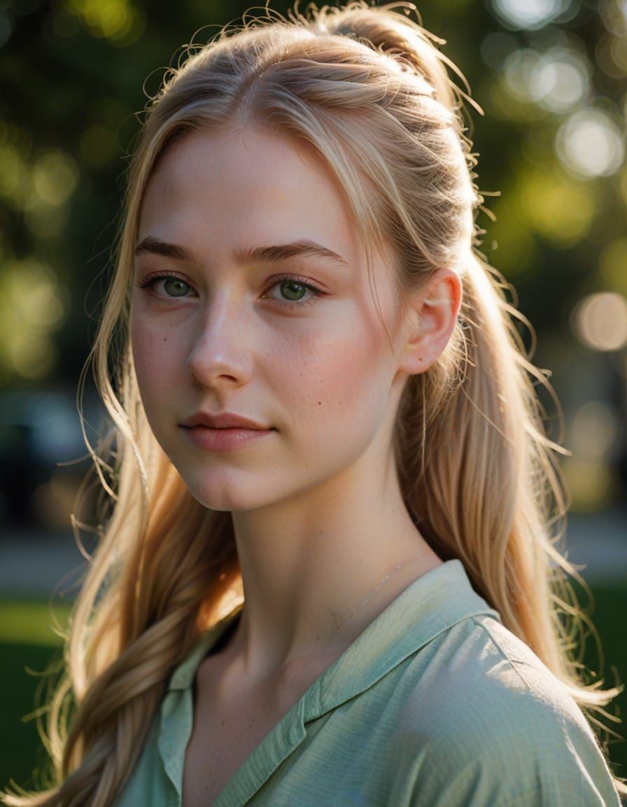 Shy Blonde Girl with Green Eyes in Soft Focus