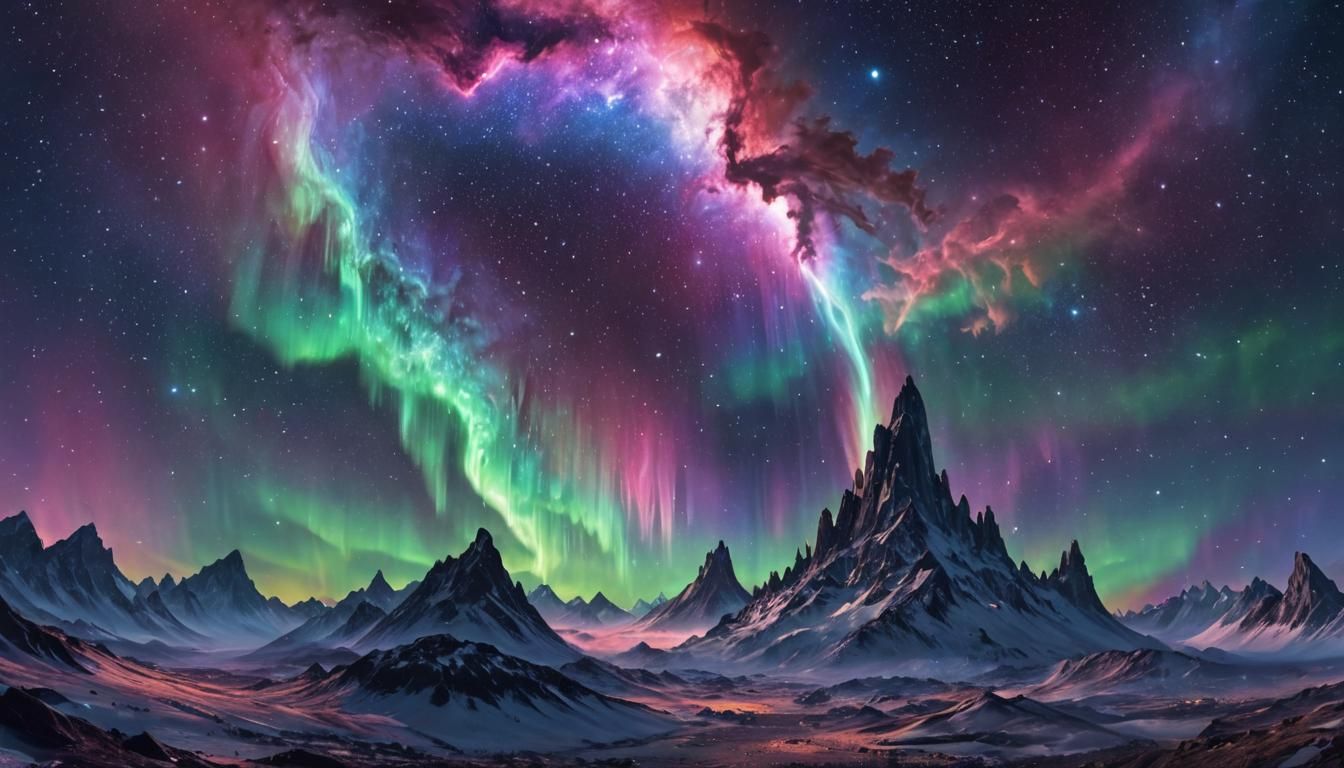 Northern lights over snowy mountains