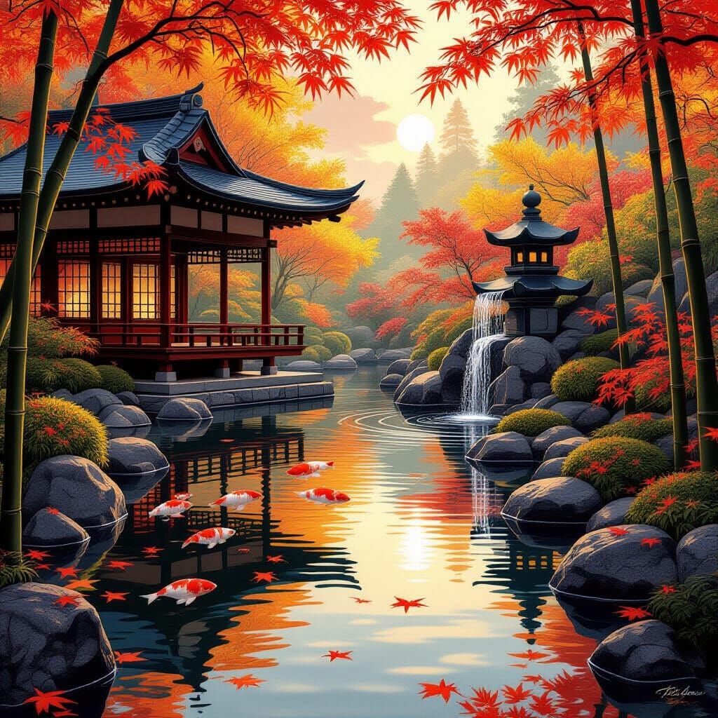 Autumn Koi Pond with Japanese Tea House