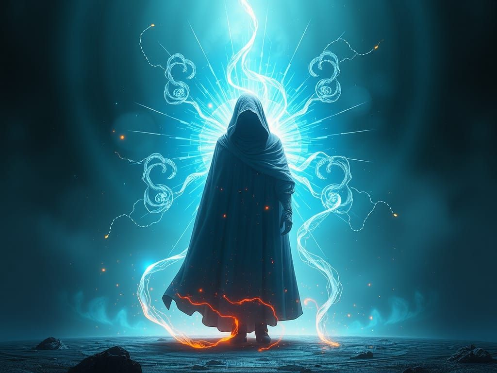 Mystical Cyberpunk Figure Radiating Light