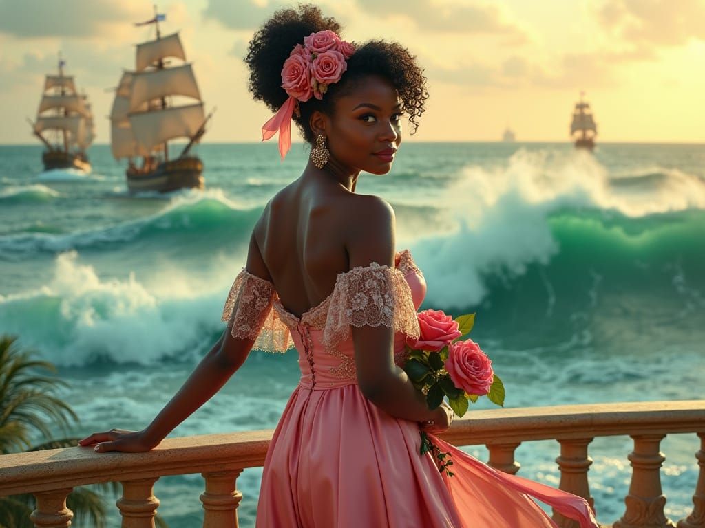 African Princess Gazes at Vintage Ships Amidst Crashing Wave...