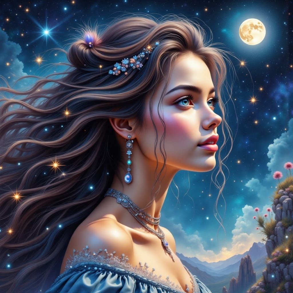 Sparkly Cosmic Goddess in Ethereal Watercolor Style