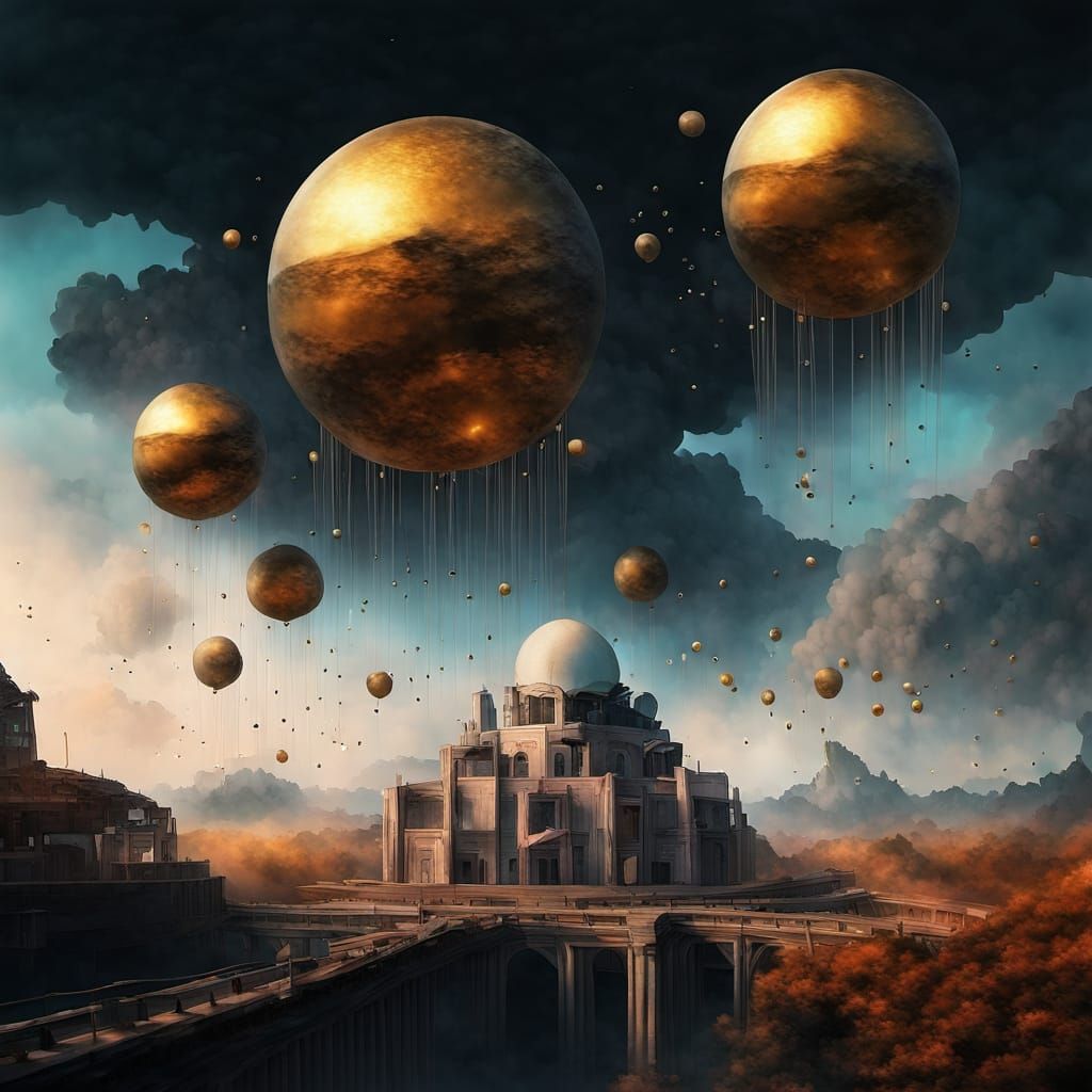 Golden Balloons in Dreamy Sky, Fantasy Concept Art