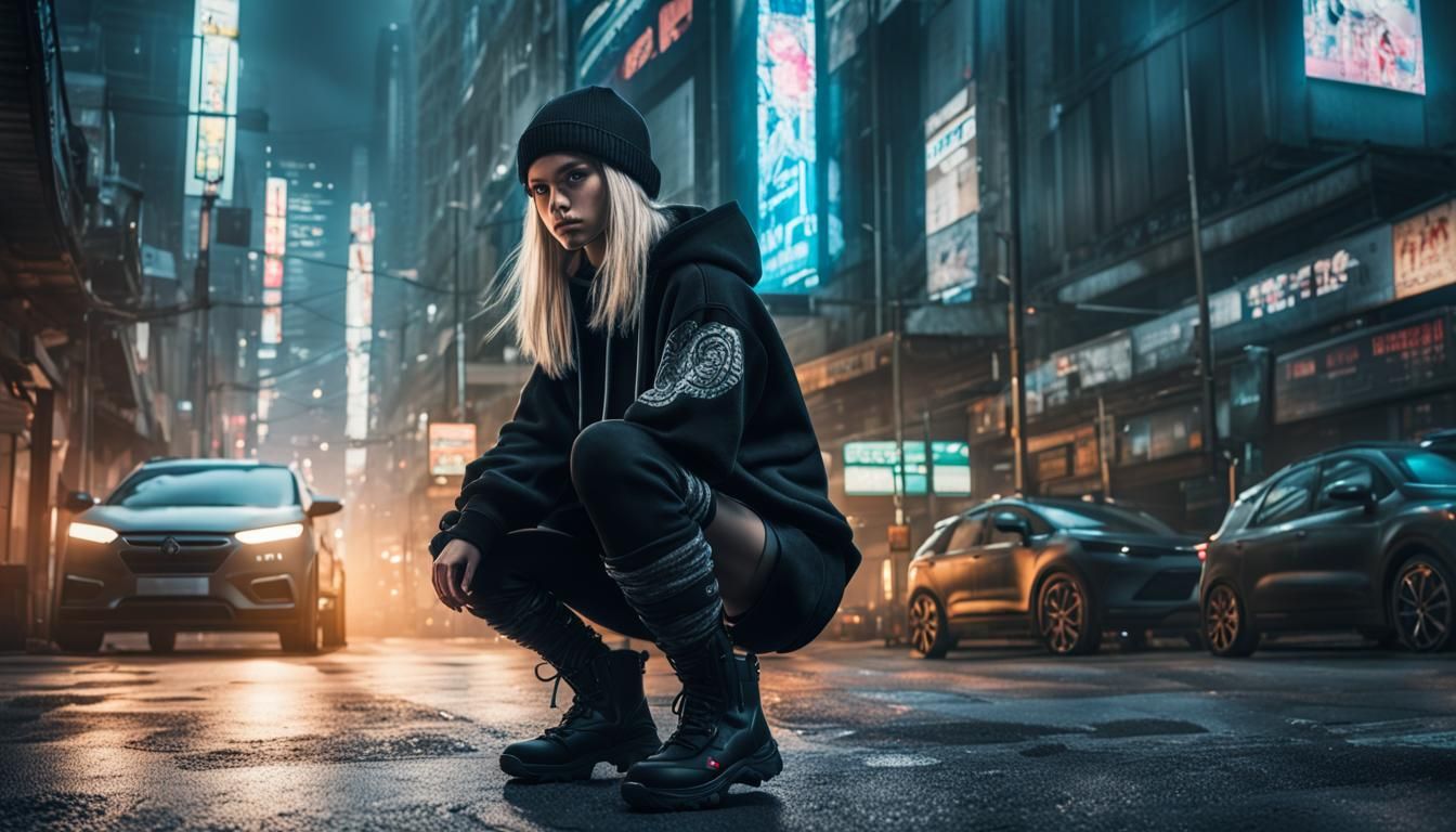 Cyberpunk Girl in Oversized Hoodie on Gritty Street