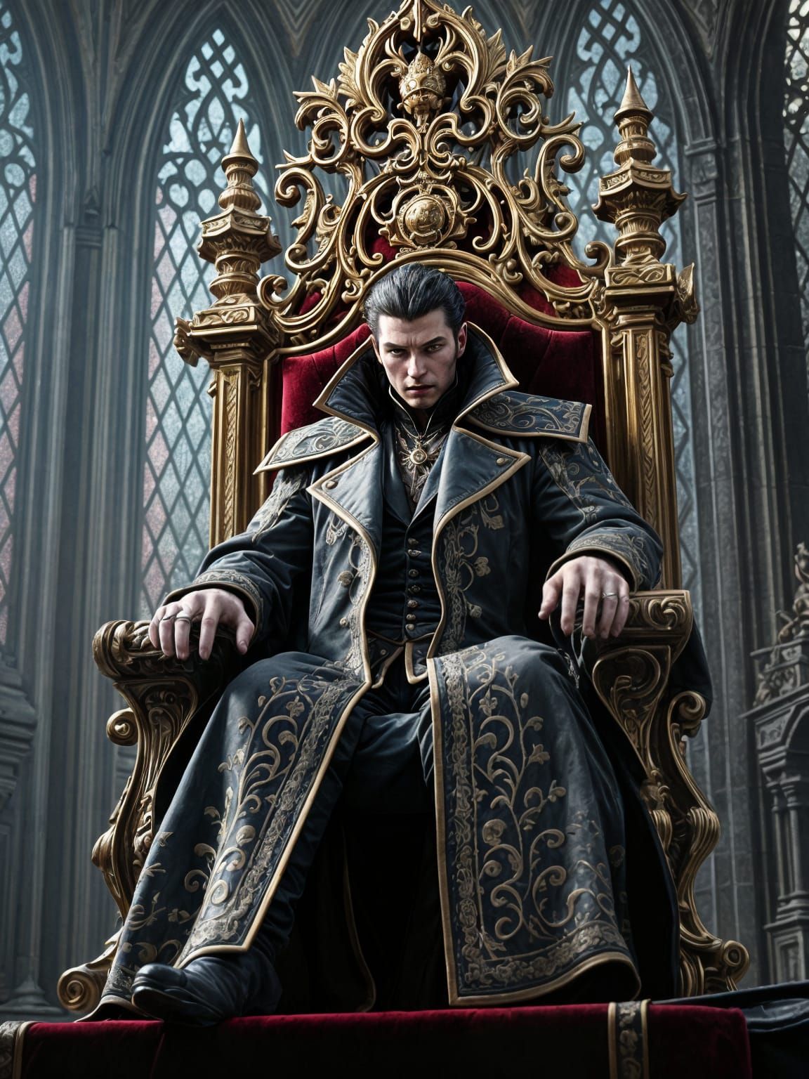 Vampire King on Gothic Throne in Anime Style