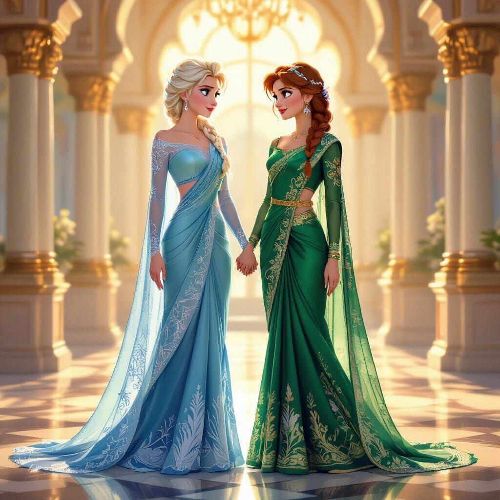 Elsa and Anna in Vibrant Sarees