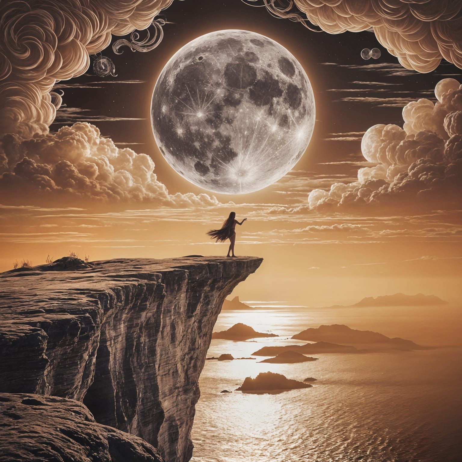 Moonchild on Cliff Under Moon in Art Nouveau Style