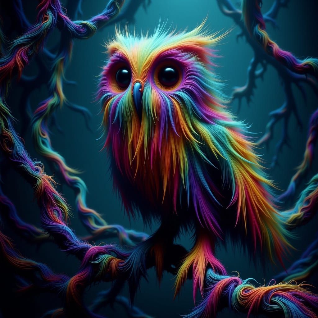 Vibrant Fluffy Owl in Mystical Bioluminescent Forest