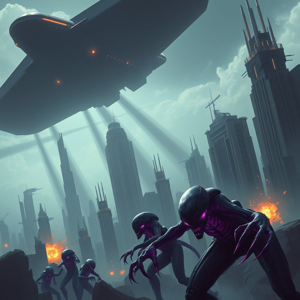 Futuristic Cityscape Under Alien Invasion